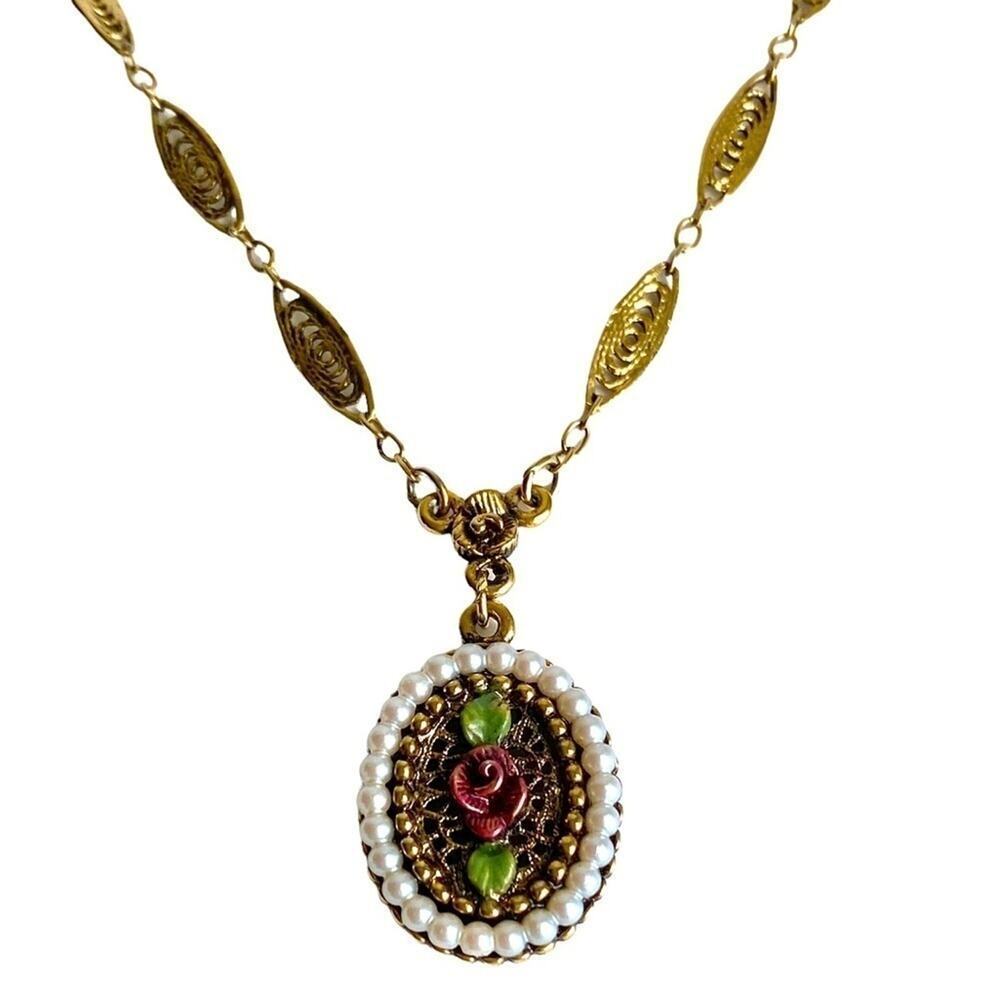 1928 Rose Pearl Necklace Gold Tone Filigree Swirl Chain Romantic‎ Vintage Style
